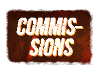 rusted red button with the text commissions